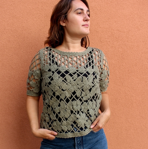 SOLD Vintage Y2K 2000s Chico's Crochet Olive Green Blouse / Pullover Quilt Style - Picture 2 of 4